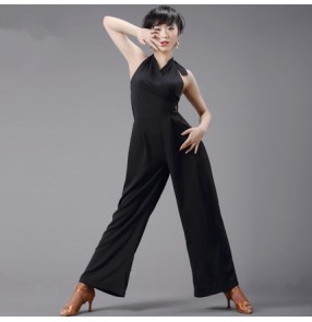 Black backless women's ladies female backless halter neck competition leotard long swing latin ballroom dance  pants 